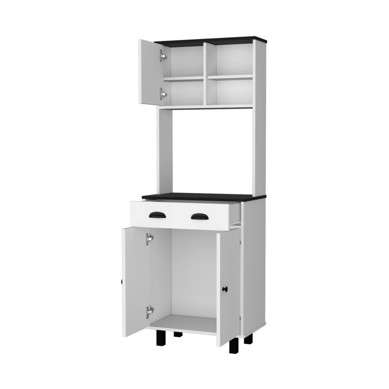 Armoire de cuisine avec rangement spacieux, 2 tablettes ouvertes, 1 tiroir, finition blanche et wengé | Idée de cadeau