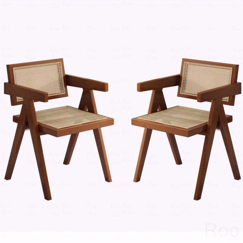 Set of 2 Mid-Century Rattan Accent Dining Chairs with Armrests (Brown)