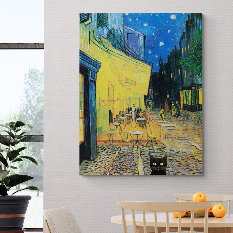 Ridgeley Café Terrace at Night with Black Cat by Vincent Van Gogh - 1 Piece Wrapped Canvas Wall Art, 31cm H x 21cm W x 4cm D