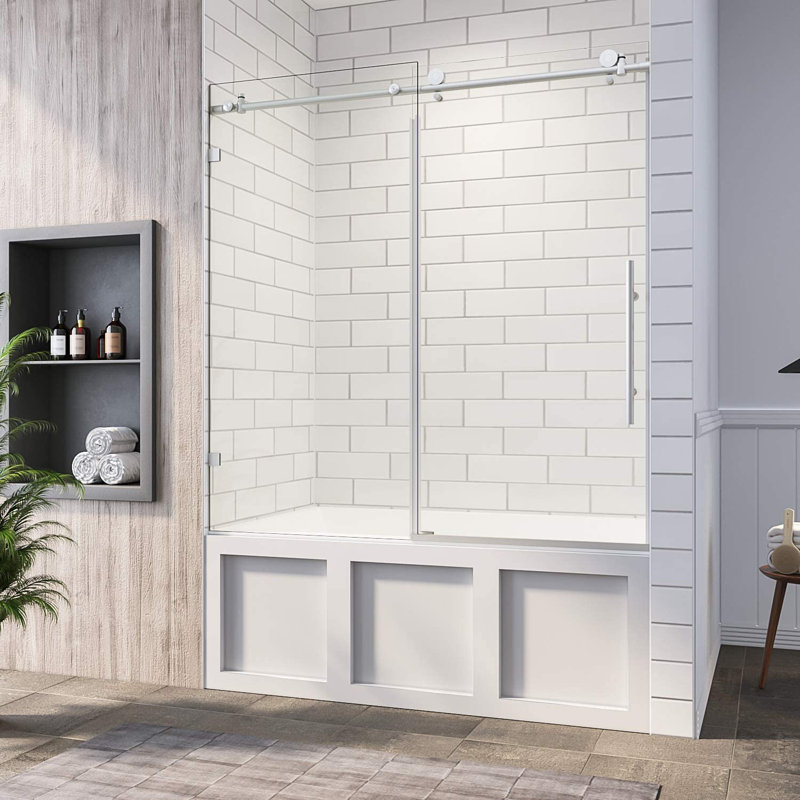 56"-60" W x 62" H Single Sliding Frameless Tub Door with 3/8" Clear Tempered Glass, Nikel