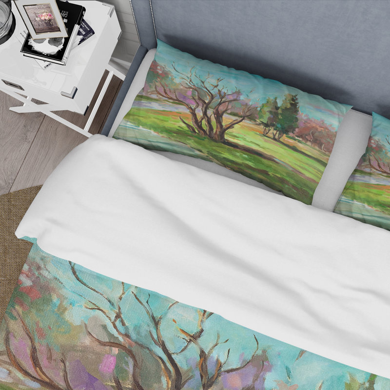 Deux arbres dans un paysage verdoyant - ensemble de housse de couette traditionnel - microfibre de polyester