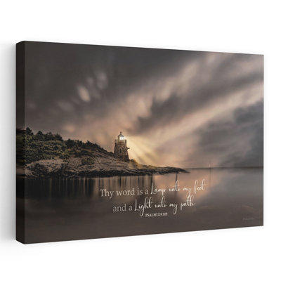 Thy Word Is A Lamp - Coastal Lighthouse At Night Inspirational Scripture Dramatic Sky Art