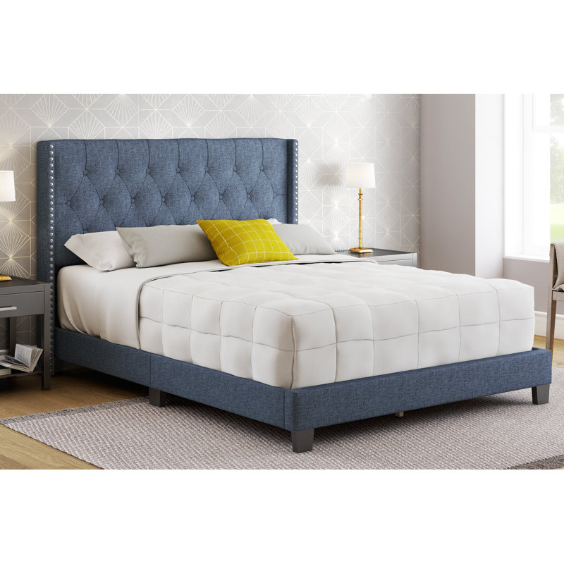 Sophia Blue Linen Queen Platform Bed with Tufted Wingback Headboard