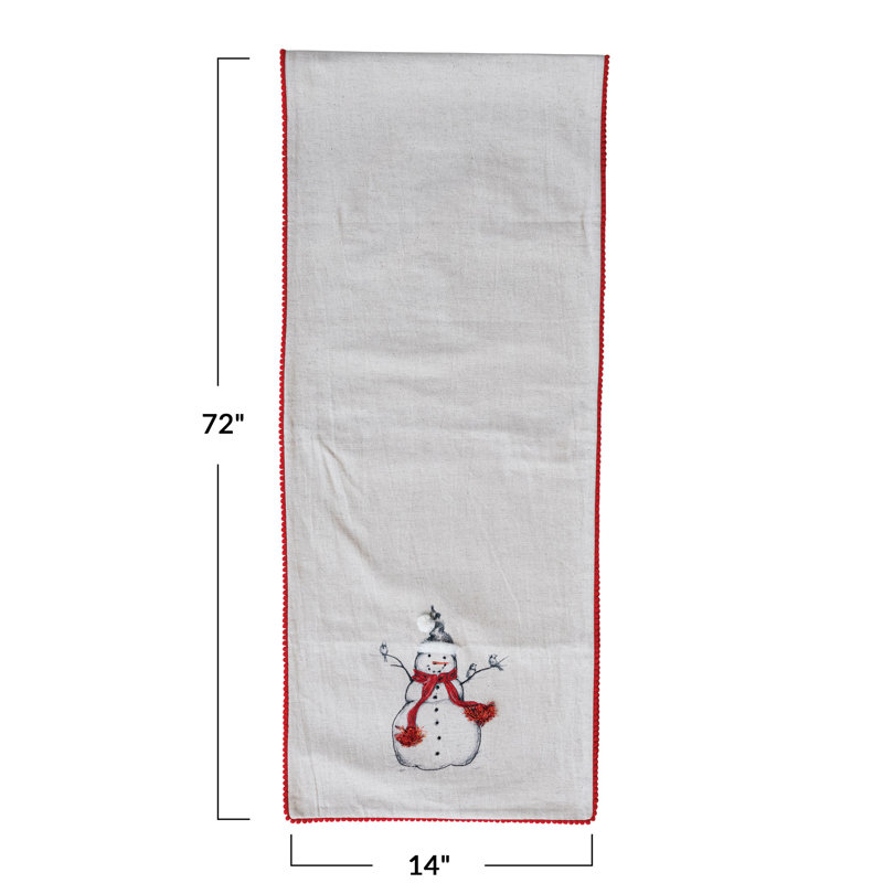 Chemin de table en lin imprimé avec image de bonhomme de neige et d'oiseau brodée, applique et garniture de pompons