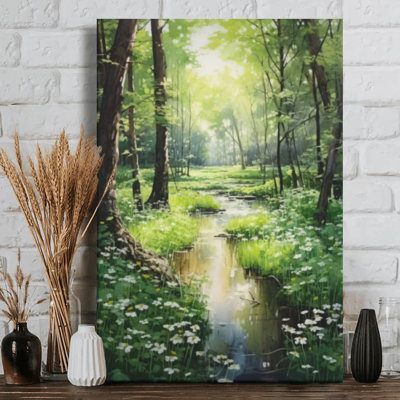 Forest Stream with Sunbeams Watercolor Style - Watercolor Wall Art Print on Gallery Wrapped Canvas, 24" H x 36" W, Ready to Hang