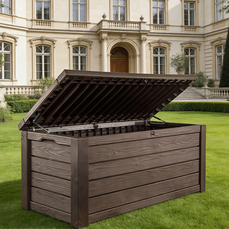 150 Gallon Outdoor Storage Bench – Resin, Wood-Plank Design, Seats 2, Easy-Lift Lid, All-Weather, Lockable, For Patio, Garden, Pool Accessories