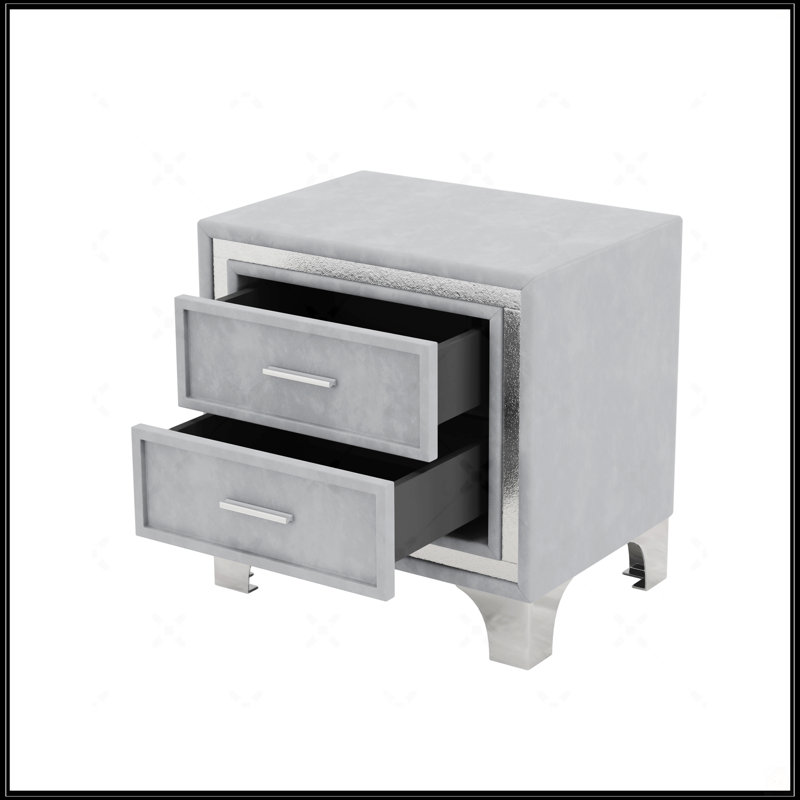 Table de chevet 2 tiroirs avec pieds en métal pour la chambre à coucher, Gris
