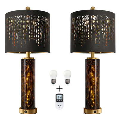 Ensemble de 2 lampes de table modernes de 27,75 po incluses 1 prise de wattmètre avec moniteur de consommation d'énergie avec 8 modes d'affichage et protection contre les surcharges, lampe avec veilleuse en verre léopard, USB A + C