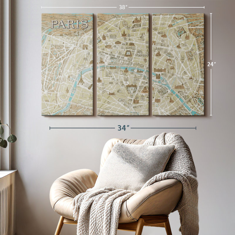«Monuments of Paris Map Blue» sur toile, H 24 po x l 38 po x P 1,25 po