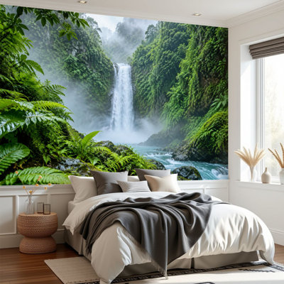 Peel and Stick Wallpaper Tropical Waterfall Green Rainforest Misty River Natural Wall Murals 100"H x 144"W Removable PVC Wall Paper Self-Adhesive Wall Decor for Bedroom Living Room Home Office
