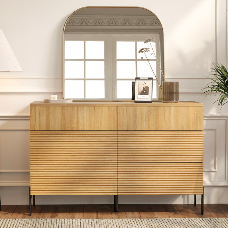 Laverda 6 Drawer Baby Dresser For Bedroom, Double Chest Of Drawers For Kids, Minimalist Reeded Design, Modern Wooden Closet Storage Organizer For Nursery, Living Room, Hallway