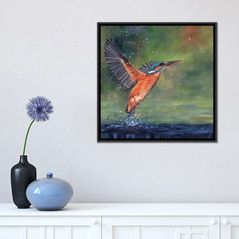 « kingfisher », impression sur toile, H 18 po x l 18 po x P 1,5 po, Toile avec cadre noir, Pas de tapis