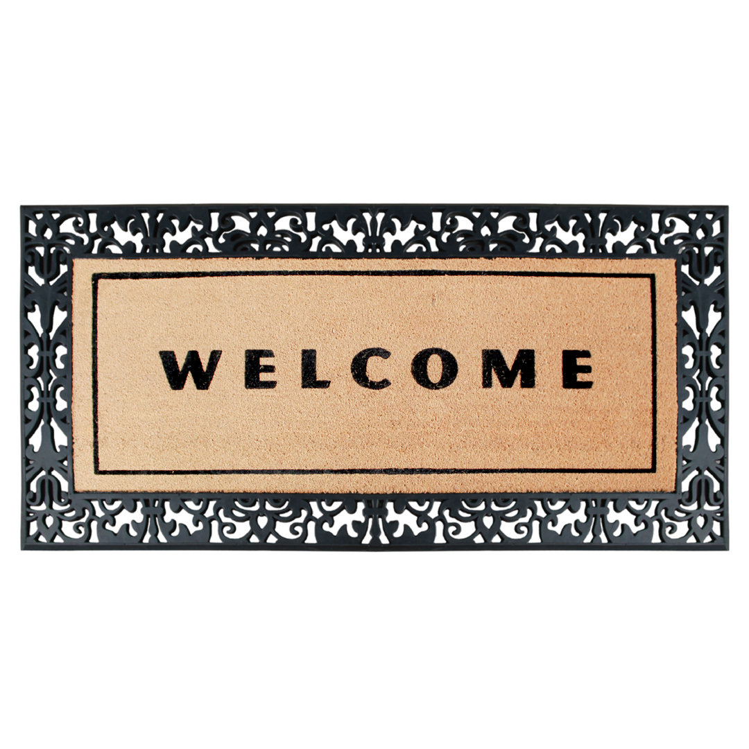 Scudder Welcome Natural Coir & Rubber Non-Slip Heavy-Duty Doormat – 30" x 60" Outdoor Entry Mat, Black Paisley Design Fleur De Lis Living