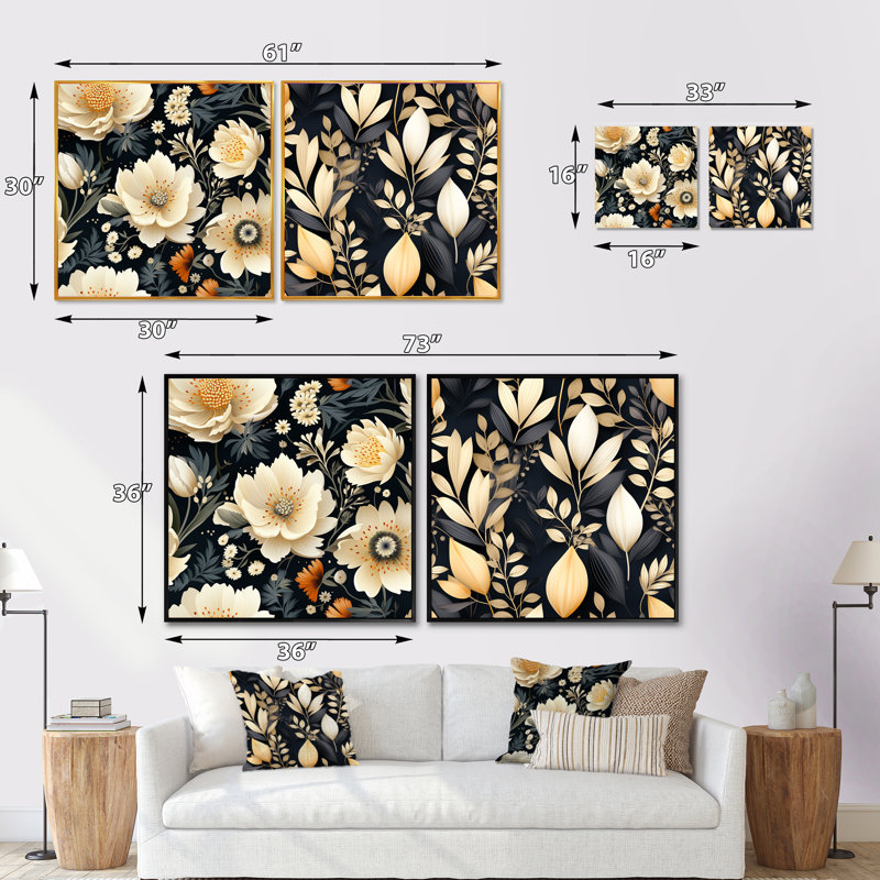 Tenterden - Ensemble de 2 collages carrés floral et botanique, H 16 po x l 33 po, Cadre flottant doré