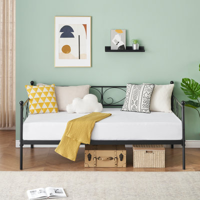 Twin Size Daybed Frame, Metal Day Bed with Floral Headboard, Heavy Duty Steel Slats Supports, Modern Twin Bed Frame for Living Room, Guest Room, No Box Spring Needed, Black