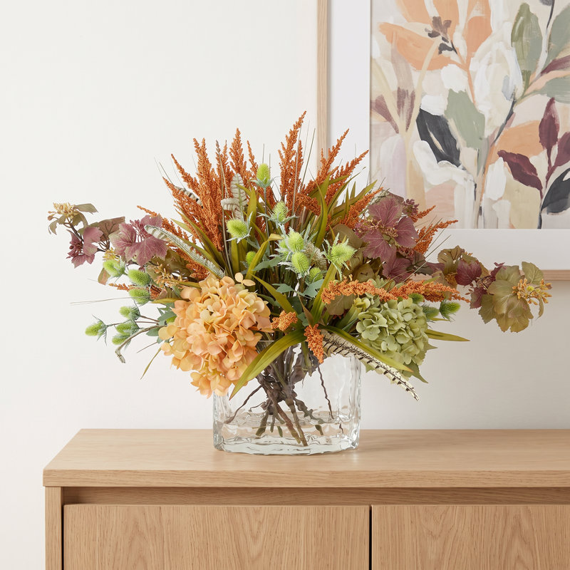 Heather, Hydrangea and Thistle Fall Arrangement in a Glass Ripple Vase
