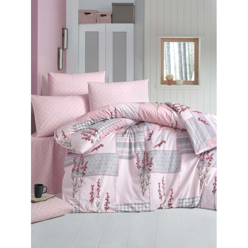 Ensemble de housse de couette 100% coton gris / rose Elihu, Housse de couette double + 2 taies d'oreiller stan