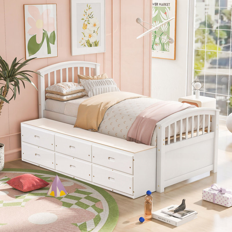 Lit rangement en bois massif avec 6 tiroirs, Blanc