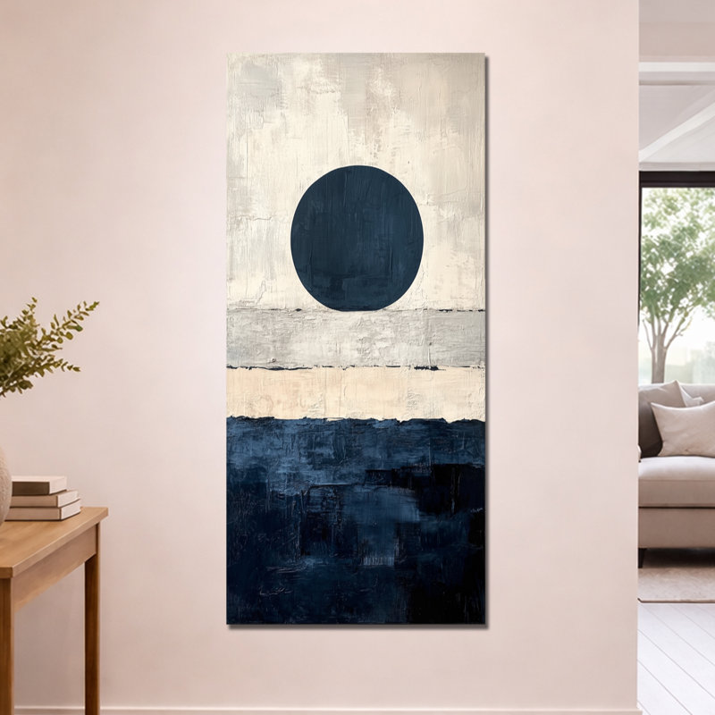 «Blue Beige Midnight Circle Horizon III», reproduction d'art encadrée rétro sur toile, H 60 po x l 28 po, Toile tendue