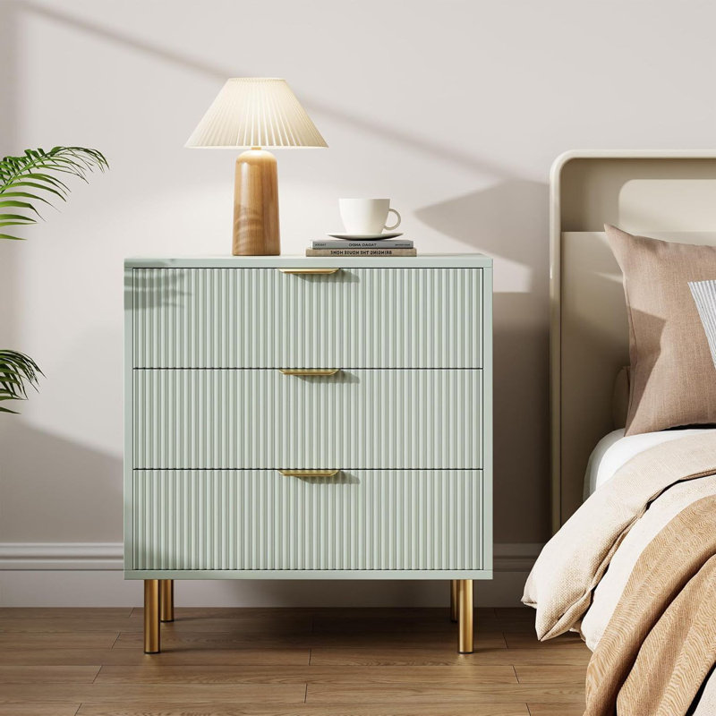 3 Drawer Dresser For Bedroom, With Gold Metal Handles, Green