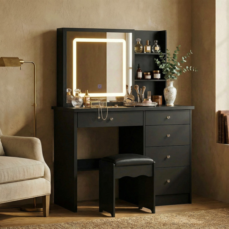 Ensemble de meuble-lavabo 39,4 po avec tabouret et miroir Nafni, Noir
