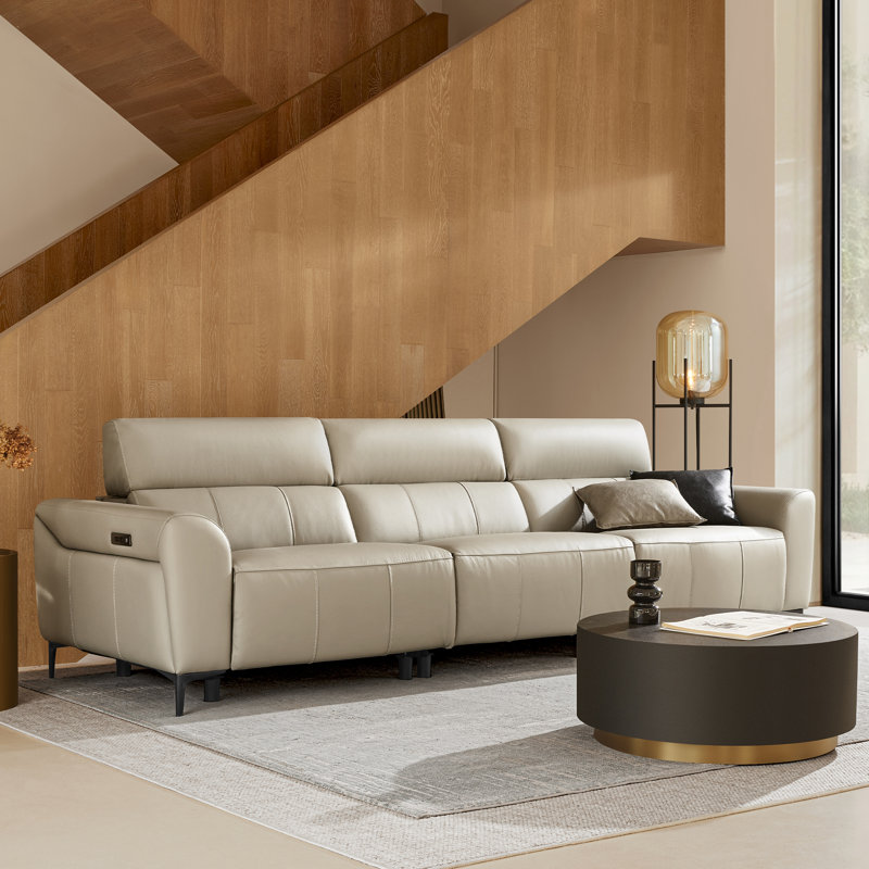 3-Piece Dual Motor Genuine Leather Zero Wall Sofa With Power Headrest, Dual Power Seats, Light Gray