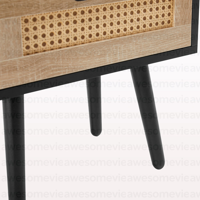 Table de bout en rotin de 15,75 po avec tiroir et pieds en bois massif, table de chevet moderne, table d'appoint pour le salon, la chambre à coucher, noir
