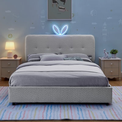 Lit double pour enfant avec tête de lit à oreilles, lumière DEL et 4 tiroirs de rangement, tissu bouclé, beige