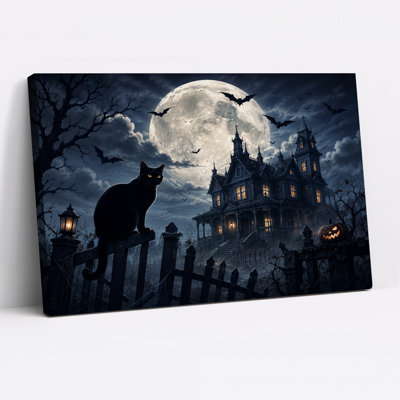 Victorian Haunted House With Black Cat And Full Halloween Canvas Wall Art