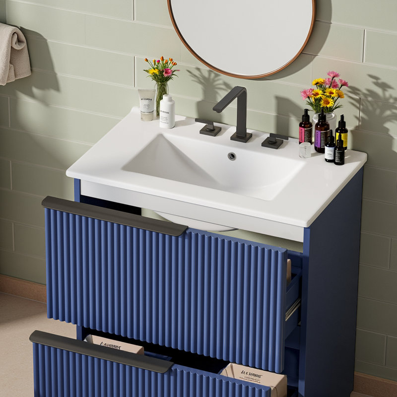 Meuble-lavabo BOV de 76 cm (30 po) au design cannelé, avec lavabo en céramique et tiroirs de rangement séparés, Bleu