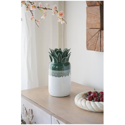 Grand vase en céramique vert et blanc avec ananas, 4,9 po x 4,9 po x 9,8 po