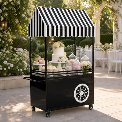 Chariot à bonbons H 75 "avec roulettes, présentoir à dessert à 3 niveaux avec auvent rayé pour mariages, fêtes et événements commerciaux, noir