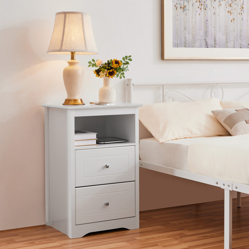 Anitrea 2-Drawer Wooden Nightstand with Open Shelf, White