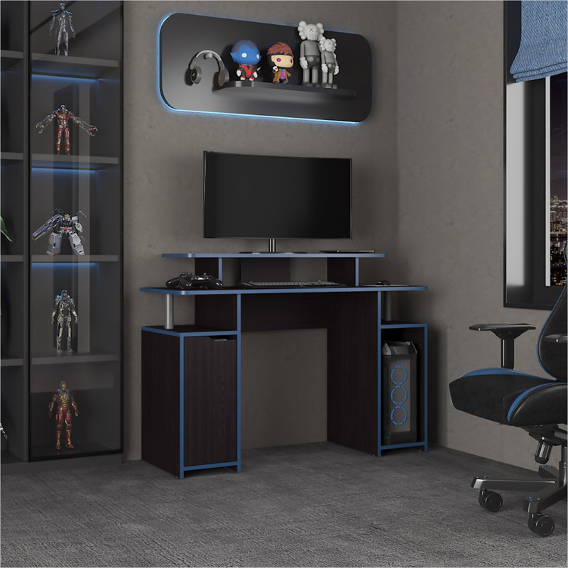 Bureau d'ordinateur avec trois tablettes et support pour tour en panneau de fibres à densité moyenne noir classique, 47 pouces de largeur