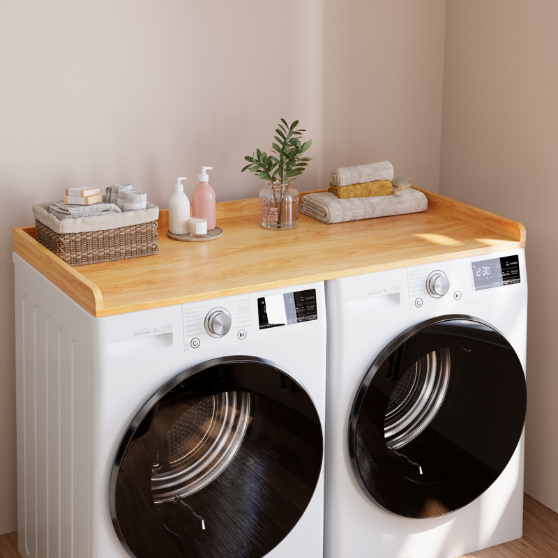 Washer Dryer Countertop Laundry Shelf Topper with Edge, Wooden Cover Guard Organizer for Washer, Dryer & Laundry Hamper Storage
