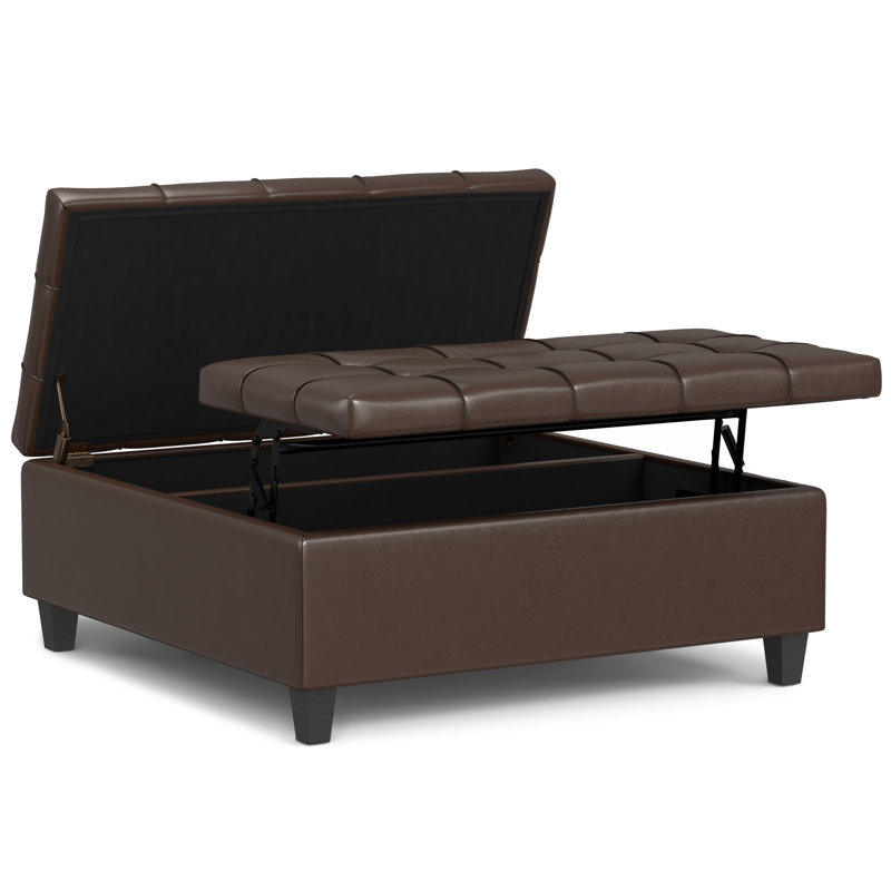 Harrison 40"W Upholstered Large Square Coffee Table Storage Ottoman with Split Lift Top, Harrison Brown Faux Leather