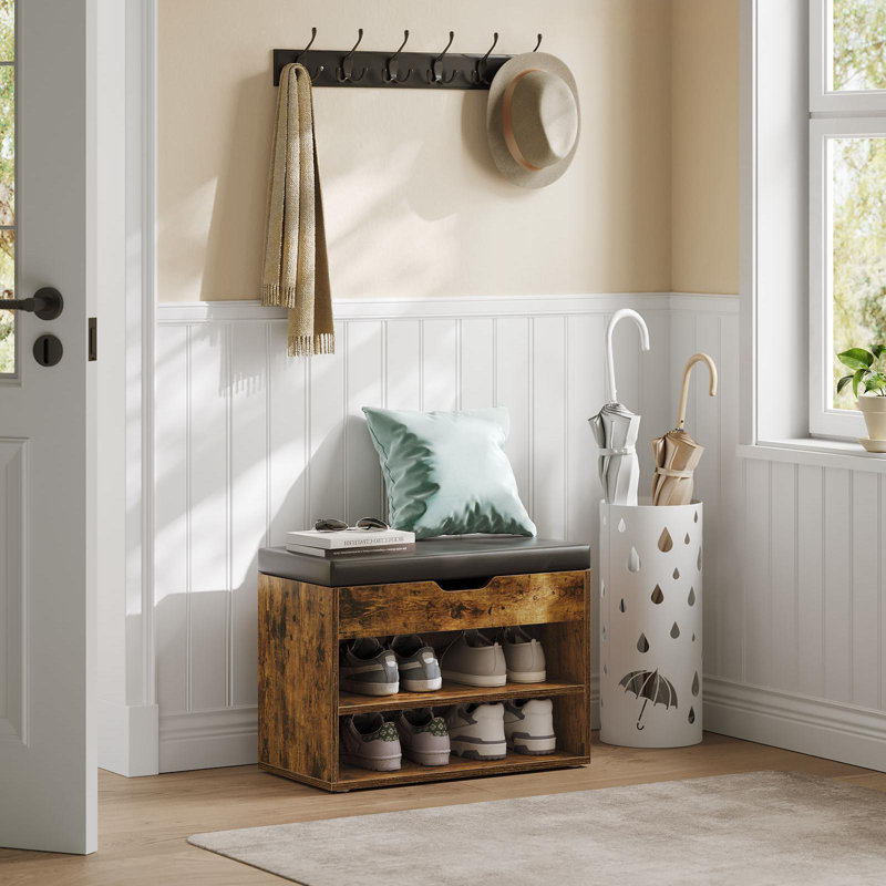 Storage Bench With Padded Seat, Black/Rustic Brown