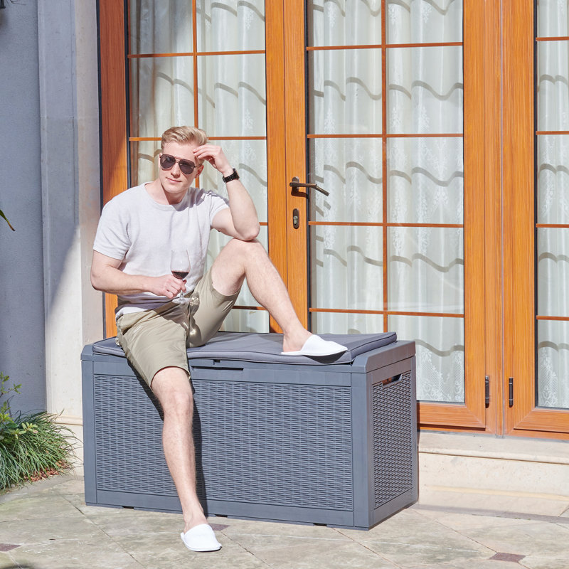 Quartey 100 Gallons Garden Storage Box Resin Lockable Deck Box with Cushion, Grey