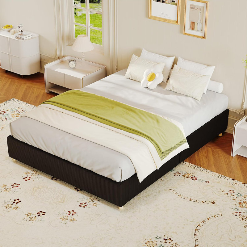Low Bed Frame Without Headboard, Thick Fabric Upholstered Platform Bed, No Box Spring Needed, Full, White