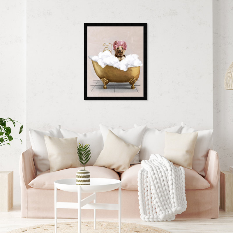Bathaign Yorkie - peinture encadrée, Cadre noir, H 22 po x l 22 po