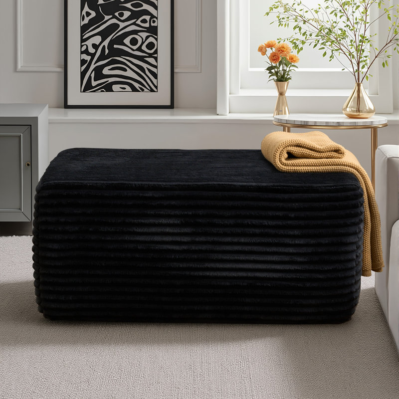 37.01'' Wide Fluffy Ottoman, Plush Accent Pouf, For Modern Interior Design, Black Faux Fur