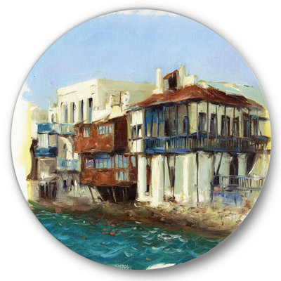 Vieilles maisons sur l'île de Mykonos, Grèce - Art mural nautique et côtier en cercle