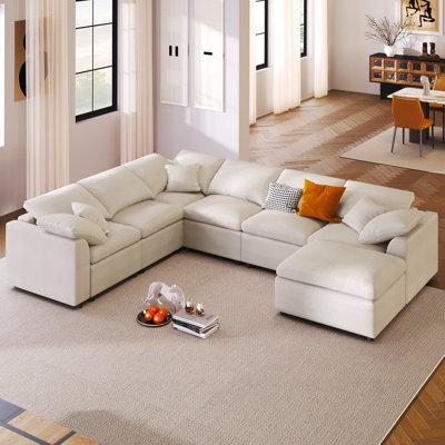 U_Style 120.8" Extra Large 7-Seater Modular Sectional Sofa with L-Shape Design & Movable Ottoman, Plush Chenille Fabric + Solid Pine Wood Frame for Living Room, Office, Spacious Space