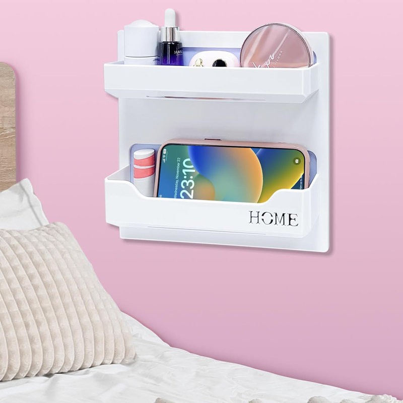 Floating Wall Shelf Organizer For Bedroom - No Drill Adhesive Mount, Space Saving Storage For Phone, Books, Keys, And More, Durable Plastic Design For Home Office Dorm Decor