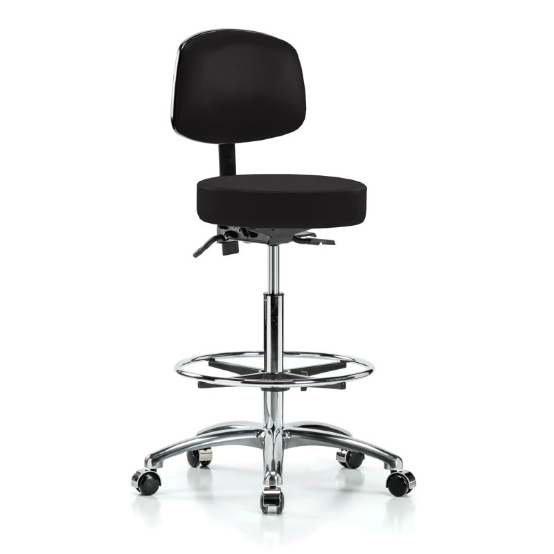 Depok PERCH Chrome Walter Height Adjustable Doctor's Stool with Back and Foot Ring | High Bench Height 25-35", Black Vinyl