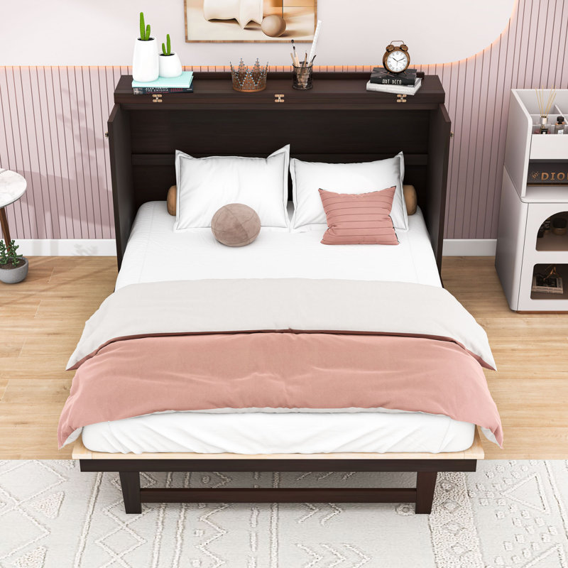 Grand lit escamotable en bois avec 1 tiroir, Espresso