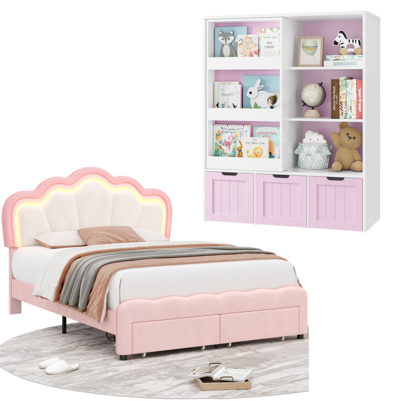 Ensemble de chambre à coucher 2 pièces avec lit simple à lattes et bibliothèque à 2 tiroirs, Crème, crème, Double