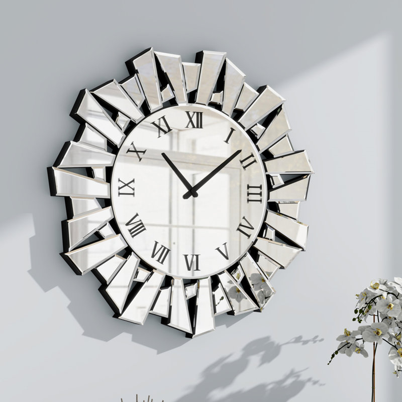 Glass Wall Clock Silent Mirrored Sunburst Accent Clock 60x60cm