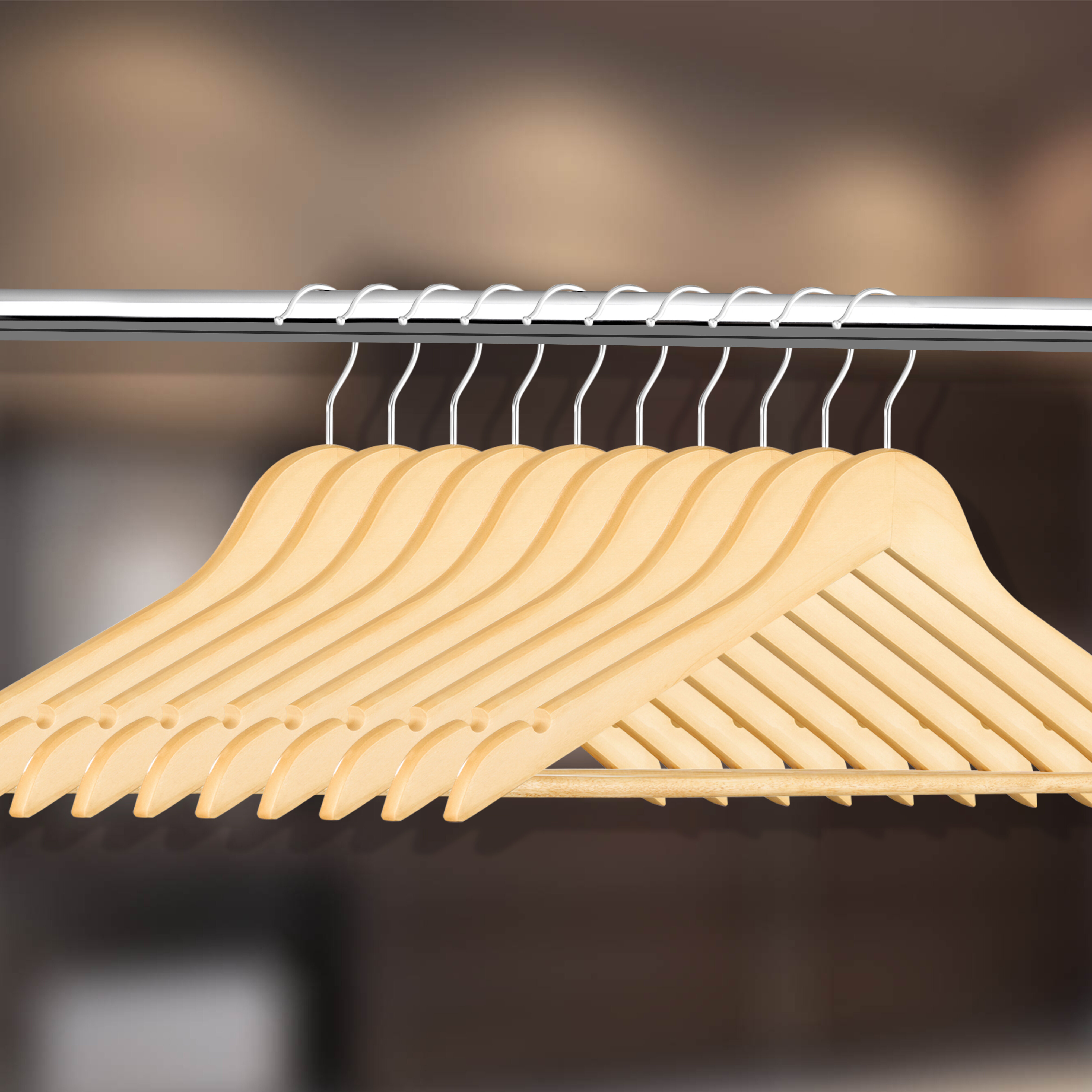 Extra Large Natural Finish Notched Wooden Suit Hanger with Non-Slip Bar 17 inch Long Hanger with Notches Box of 25