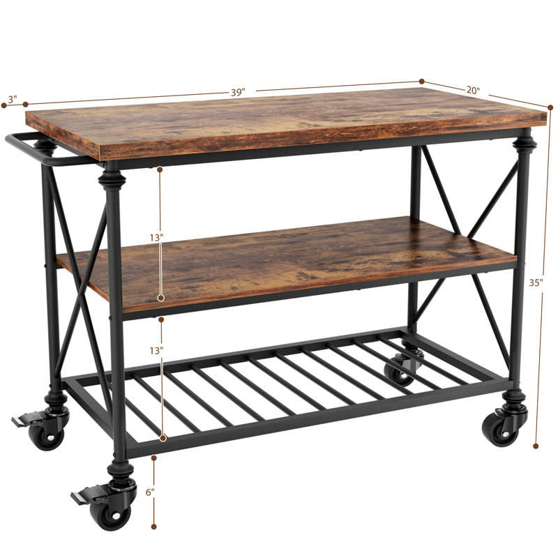3-Tier Kitchen Table With Wheels And Storage Shelves, Brown